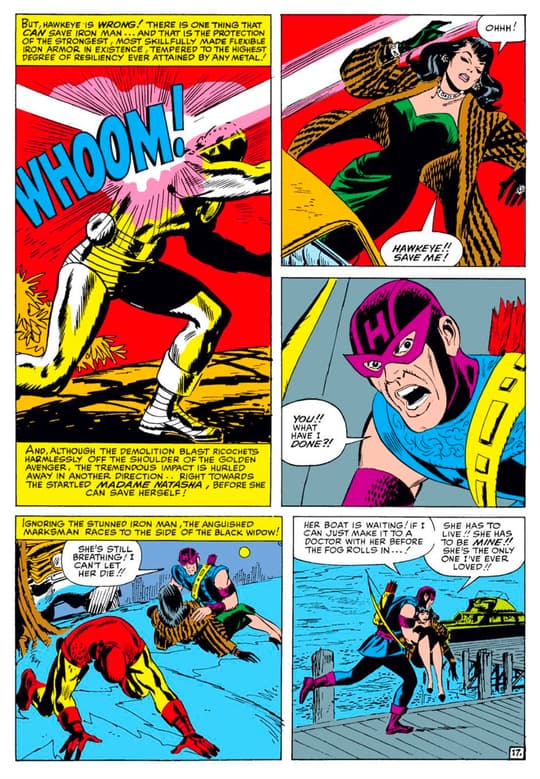 Hawkeye rushes to aid Black Widow after she is injured fighting Iron Man.