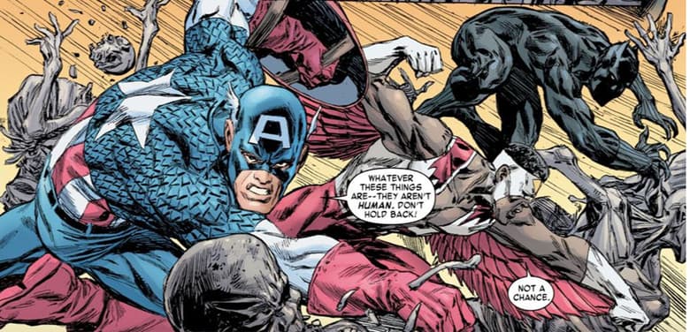Falcon fights zombies with Cap and Black Panther