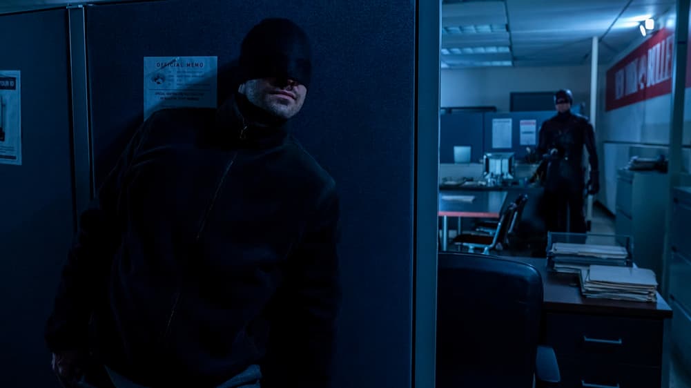 Charlie Cox as Matt Murdock and Wilson Bethel as Benjamin "Dex" Poindexter in Marvel's Daredevil Season 3