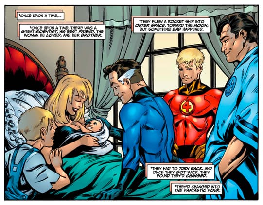 The Fantastic Four gather around Susan Storm holding the baby
