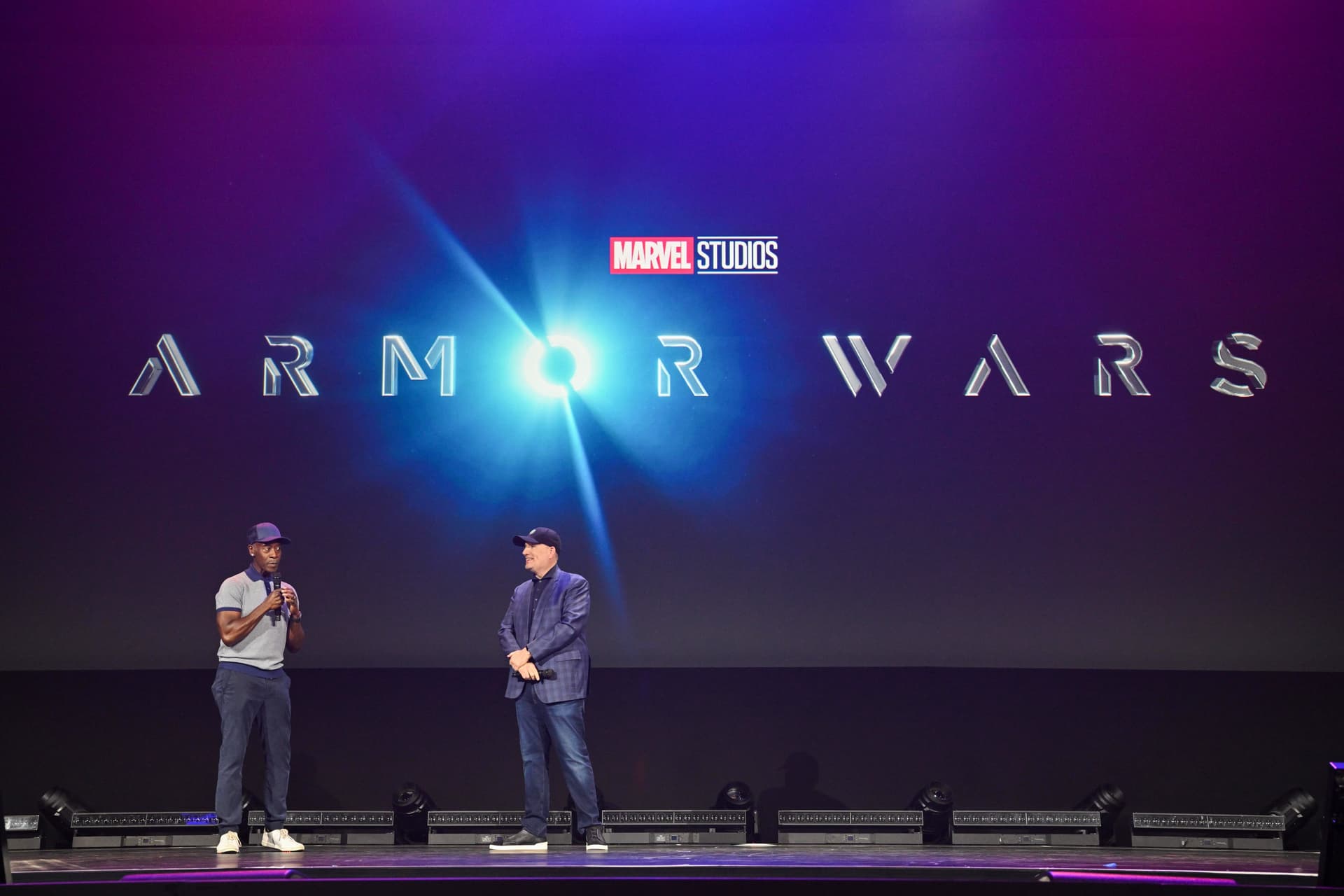Don Cheadle and Kevin Feige during the 'Armor Wars' panel at D23