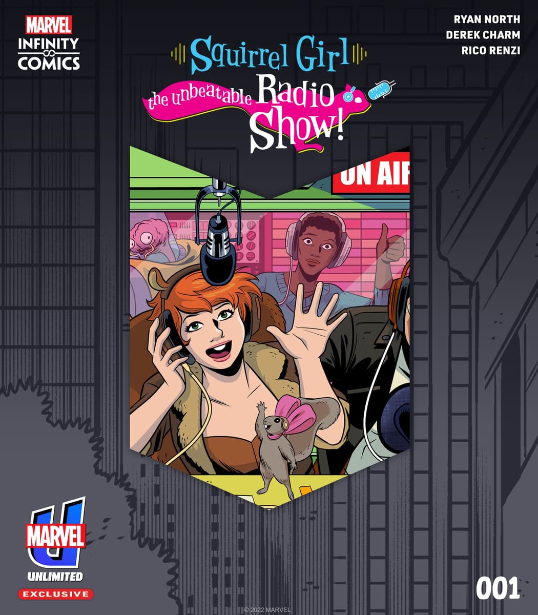 Squirrel Girl in a radio booth hosting a podcast!