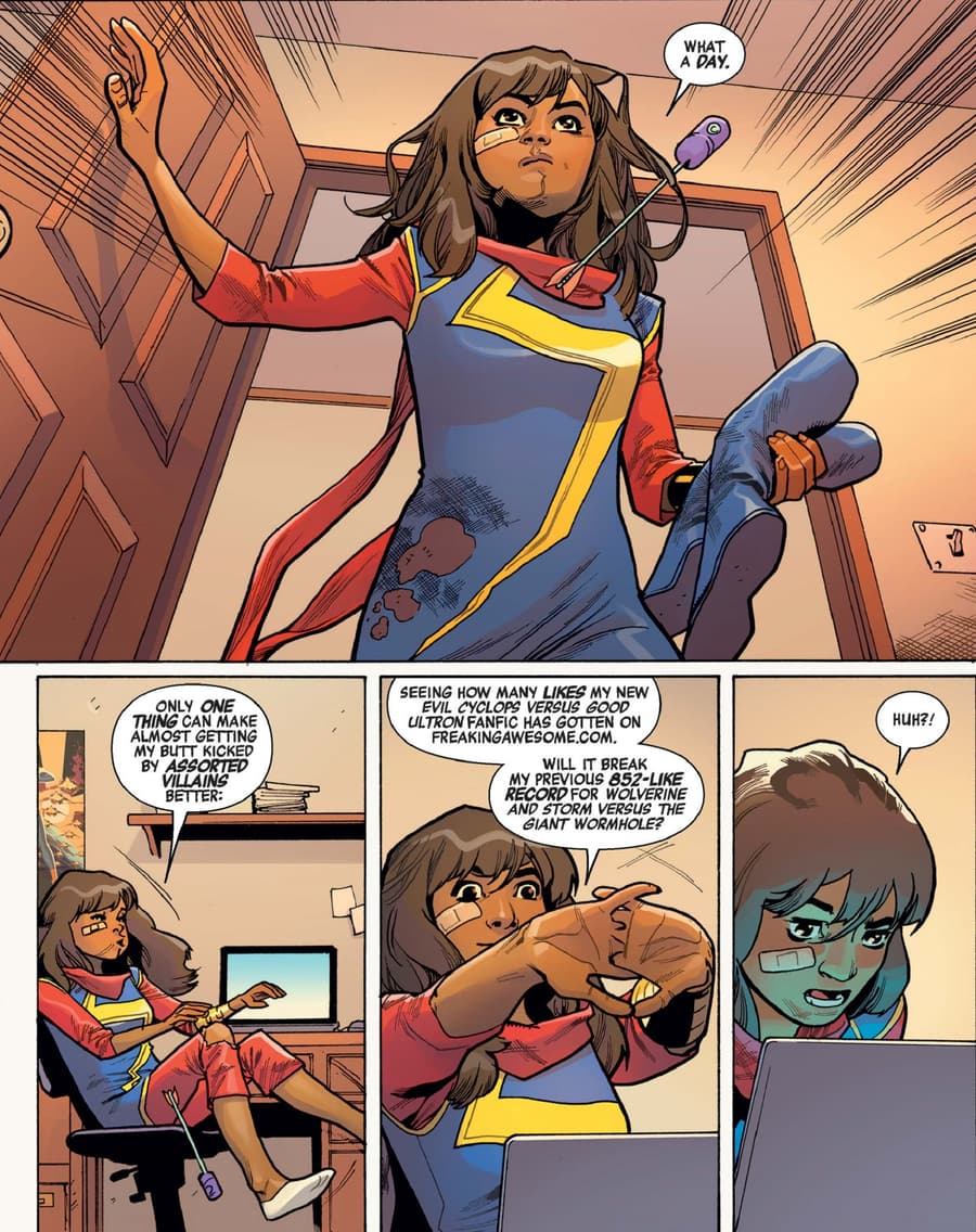 Kamala goes home to write fanfic in ALL-NEW, ALL-DIFFERENT AVENGERS ANNUAL (2016) #1.