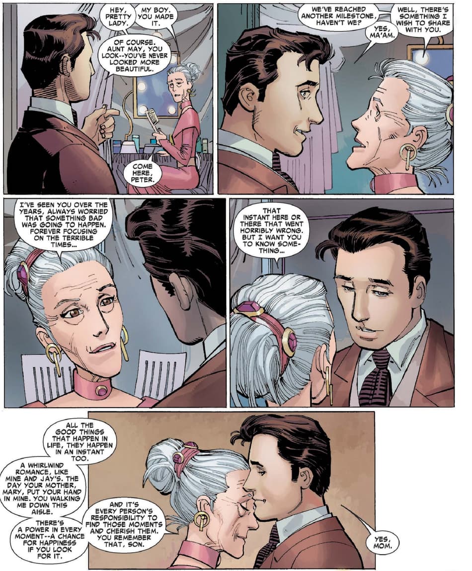 Peter Parker celebrates Aunt May on her big day in AMAZING SPIDER-MAN (1999) #600.