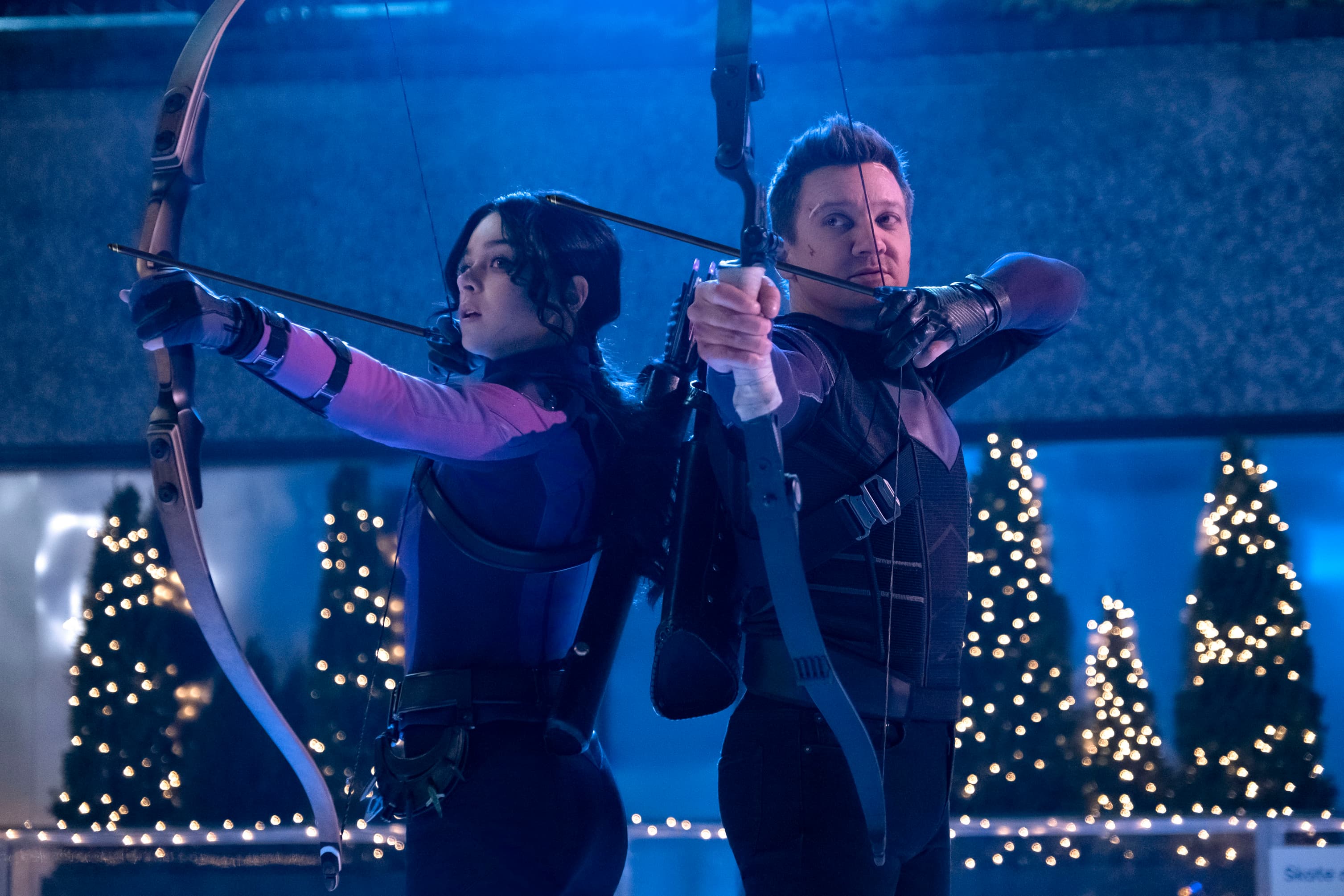 Hailee Stenfield as Kate Bishhop (left) and Jeremy Renner as Hawkeye (right)