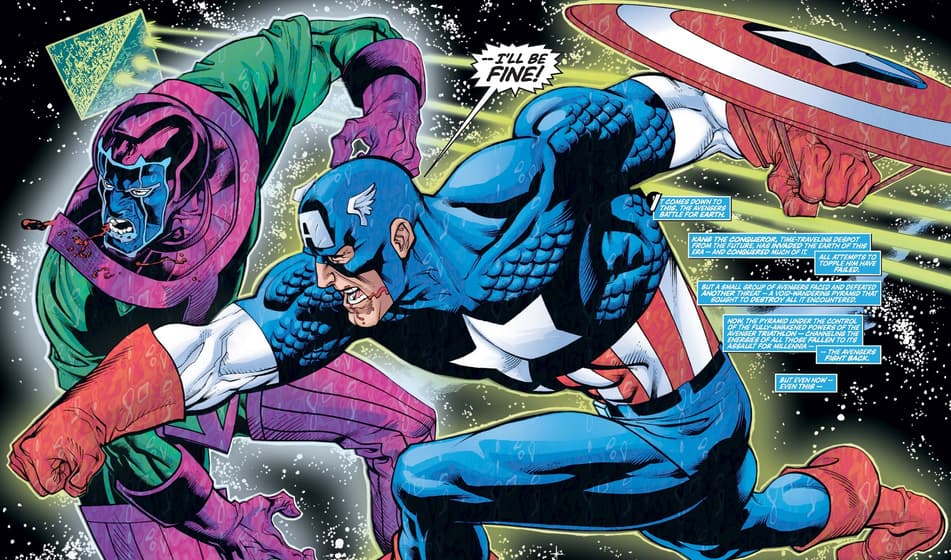 Captain America simulacrum versus Kang in AVENGERS (1998) #53.