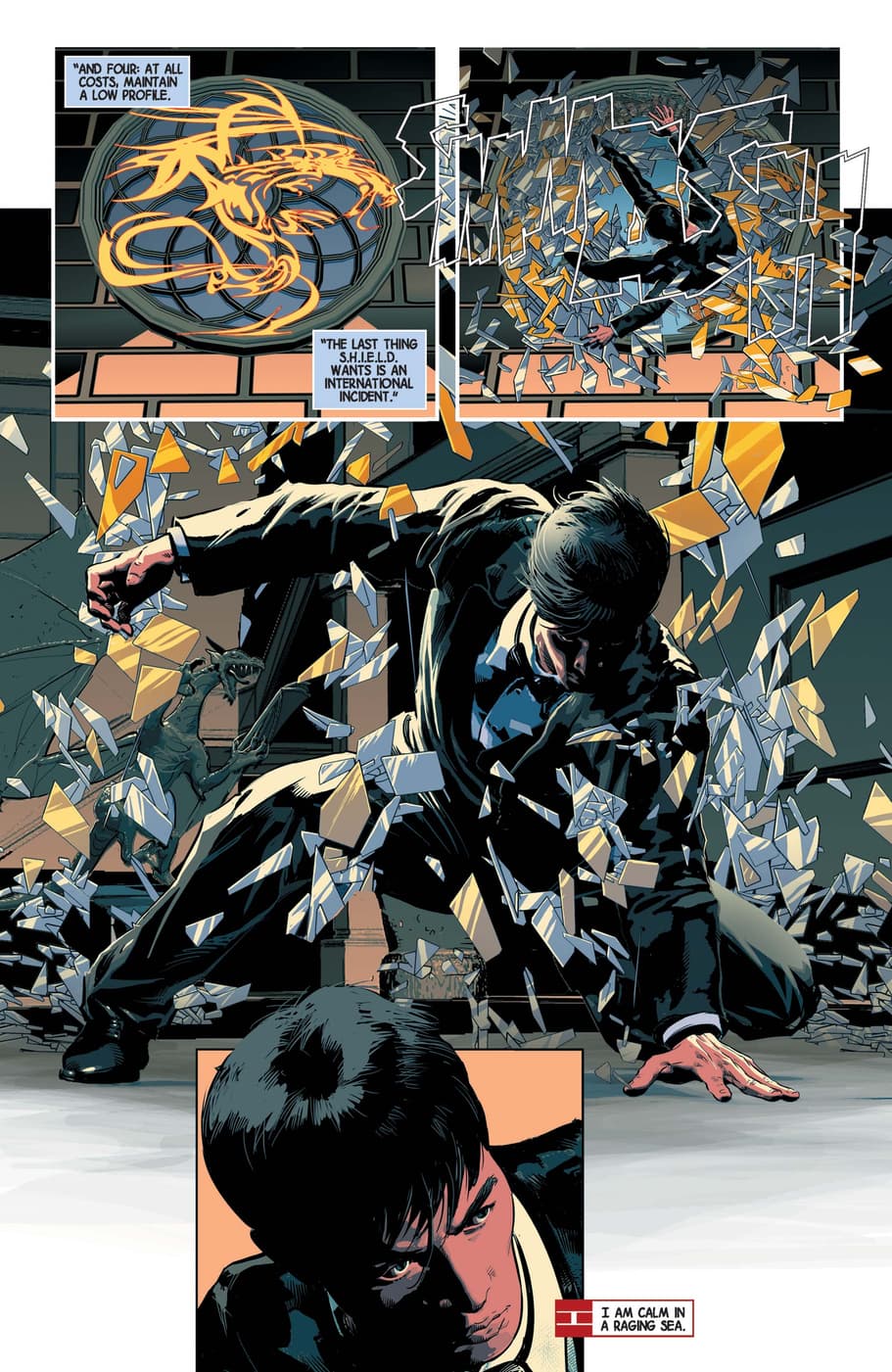 Shang-Chi in a tuxedo crashes through a glass barrier.