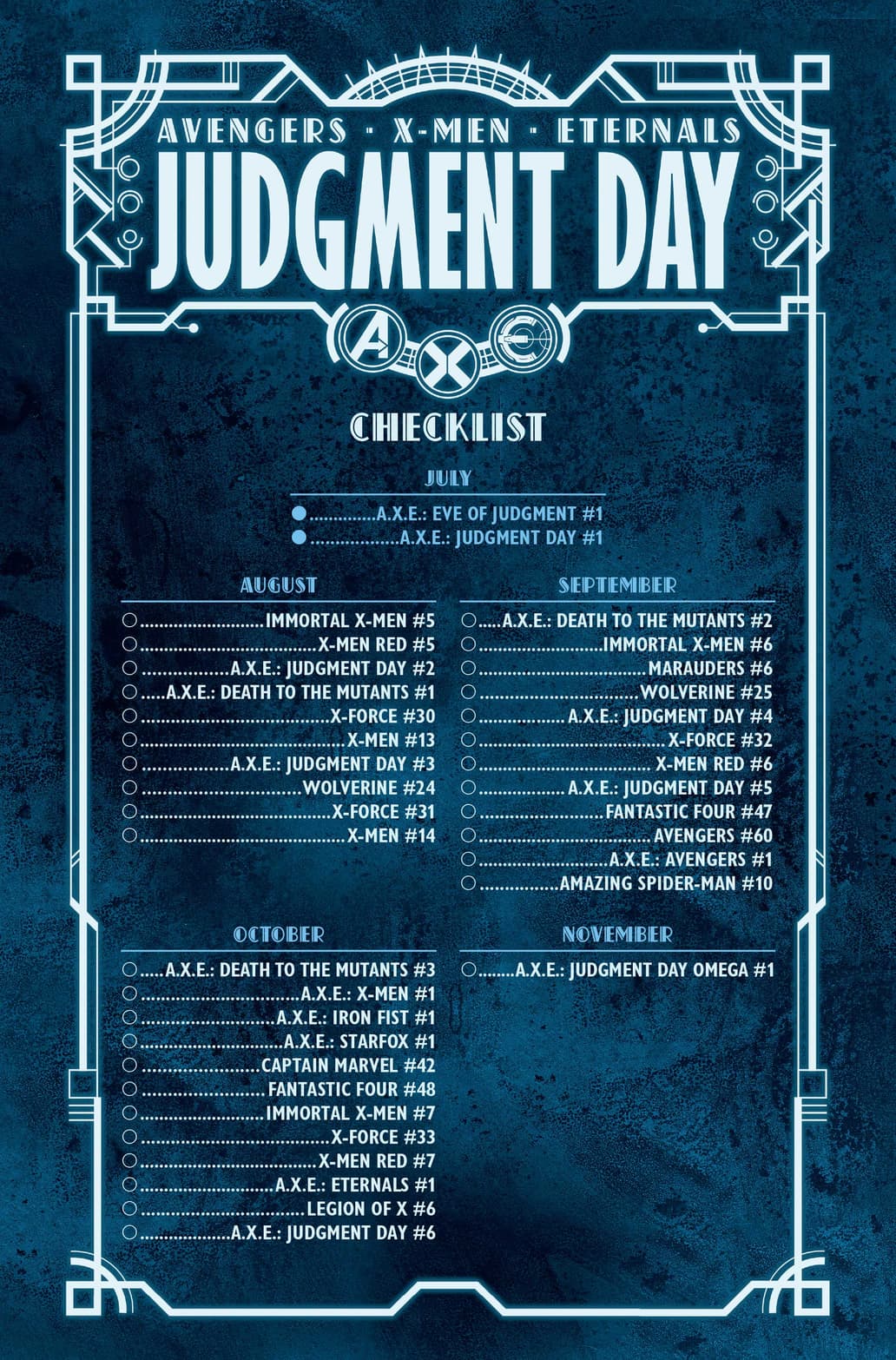 A.X.E.: JUDGMENT DAY event checklist