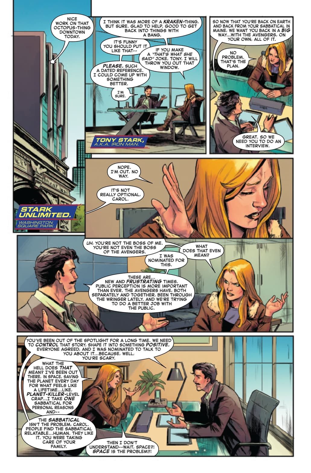 Carol Danvers talking to Tony Stark