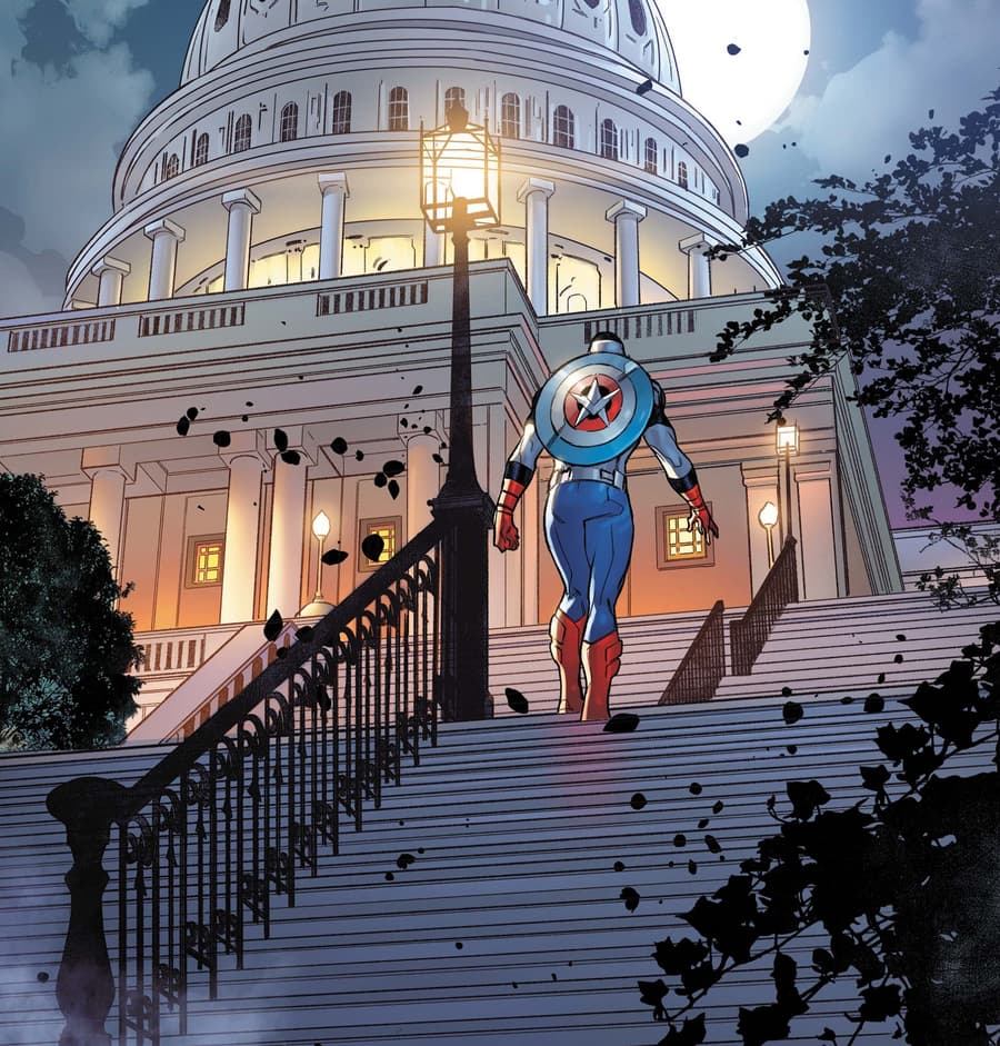 Sam Wilson: Captain America turns to enter a government building.