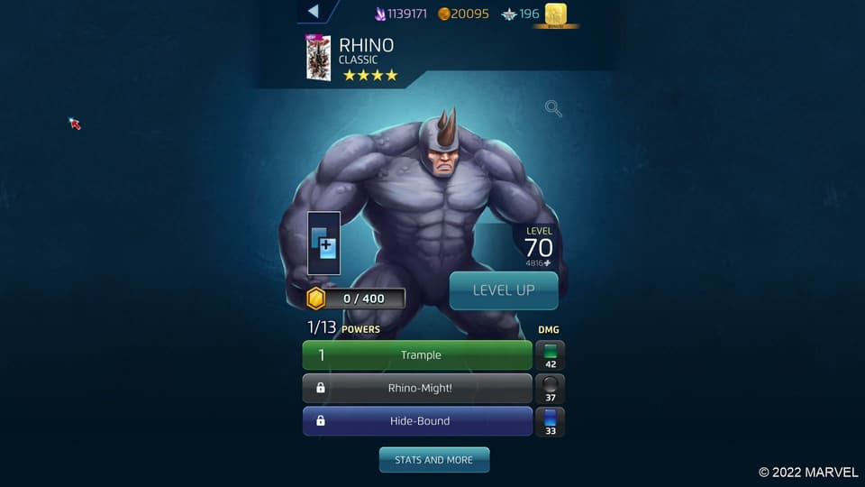 MARVEL Puzzle Quest Rhino (Classic) Character Info Screen
