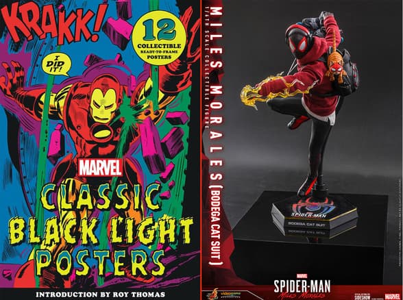 Marvel Classic Black Light Collectible Poster Portfolio & Miles Morales (Bodega Cat Suit) Statue