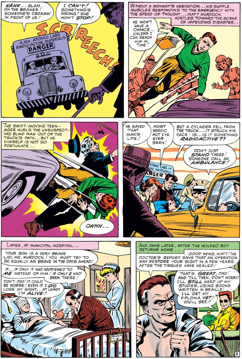 The dramatic origin of Matt Murdock in DAREDEVIL (1964) #1.