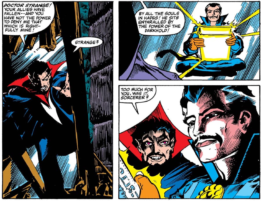 Stephen Strange nearly succumbs to the Darkhold in DOCTOR STRANGE (1974) #62.