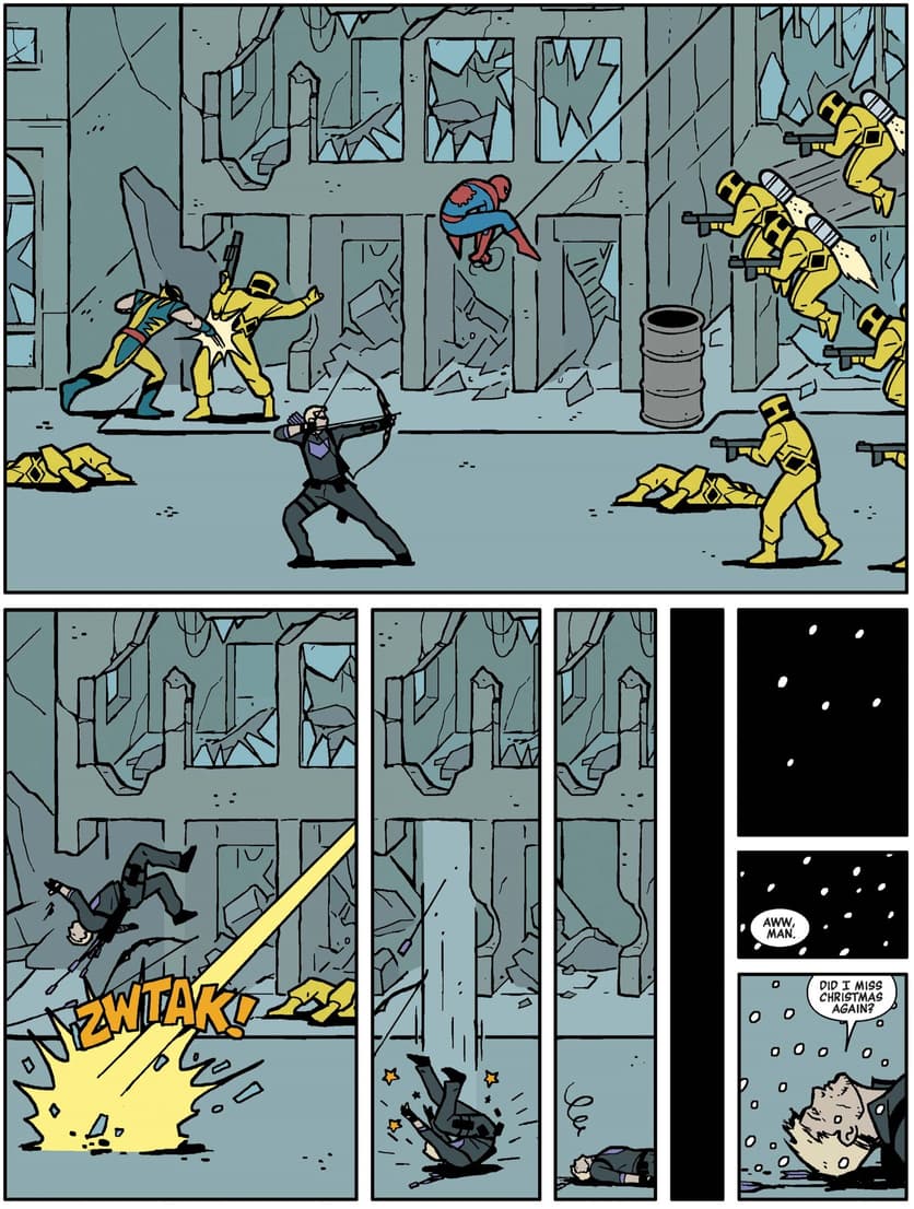 Clint fights some A.I.M. agents with fellow Avengers Wolverine and Spider-Man.