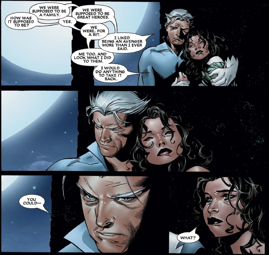 Quicksilver consoles Scarlet Witch in HOUSE OF M (2005) #7.