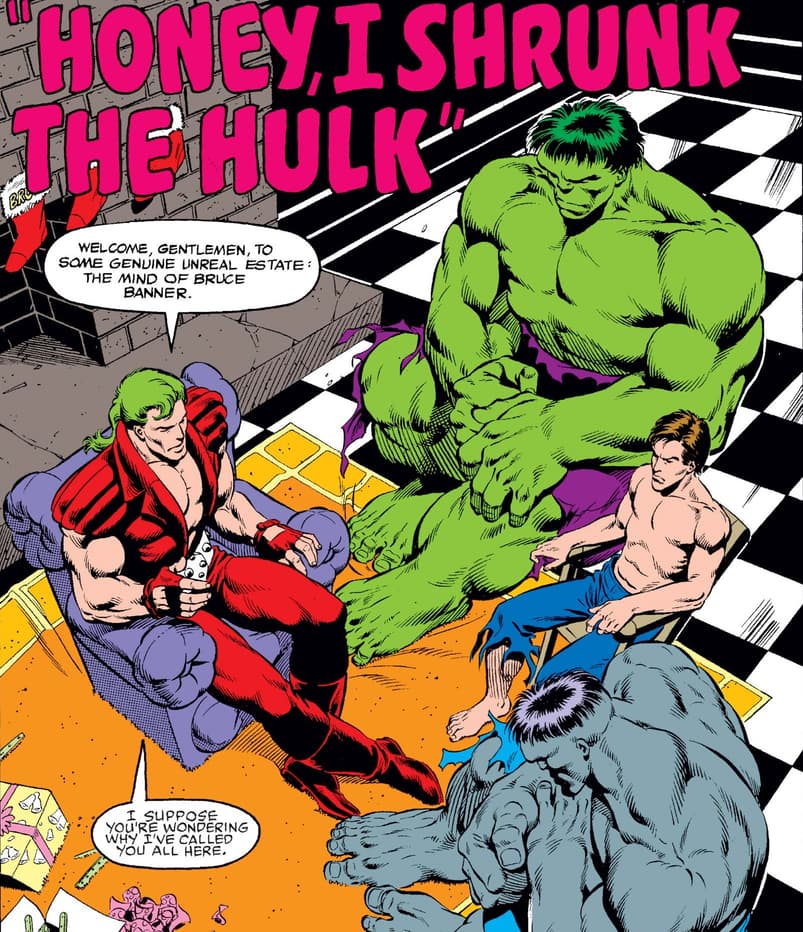 Bruce Banner sits with two of his Hulks in INCREDIBLE HULK (1962) #377.