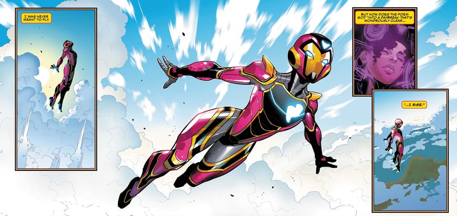Ironheart soars in an armored suit.