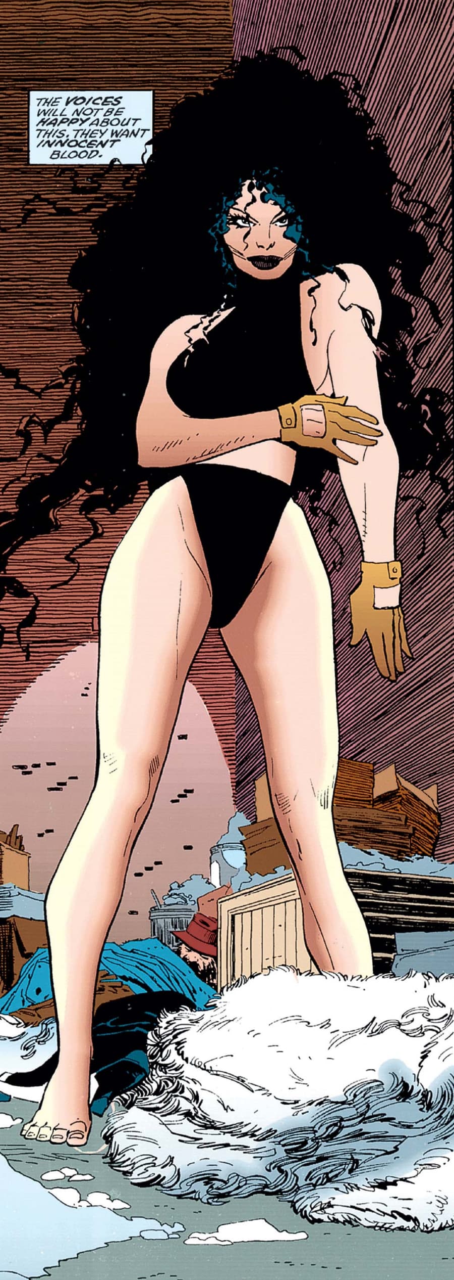 Elektra gets ready to fight in a two-piece black ensemble.