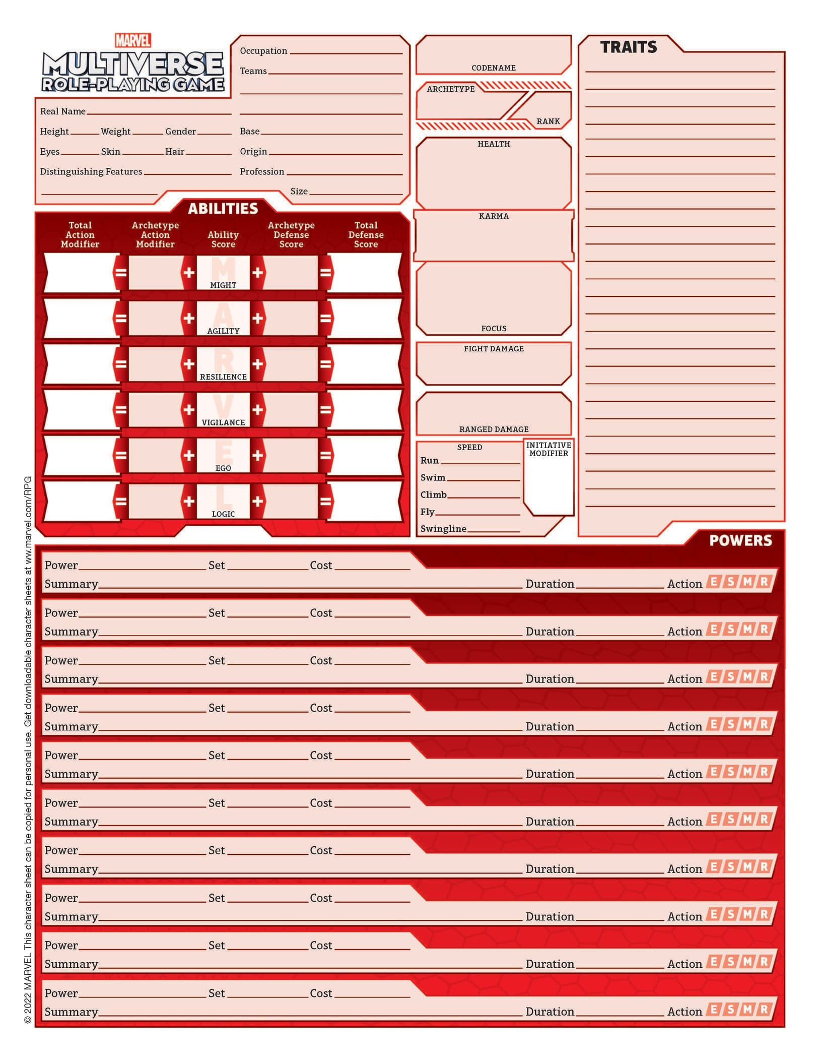 Marvel Multiverse Role-Playing Game Playtest Rulebook by Matt Forbeck Character Sheet (Blank)
