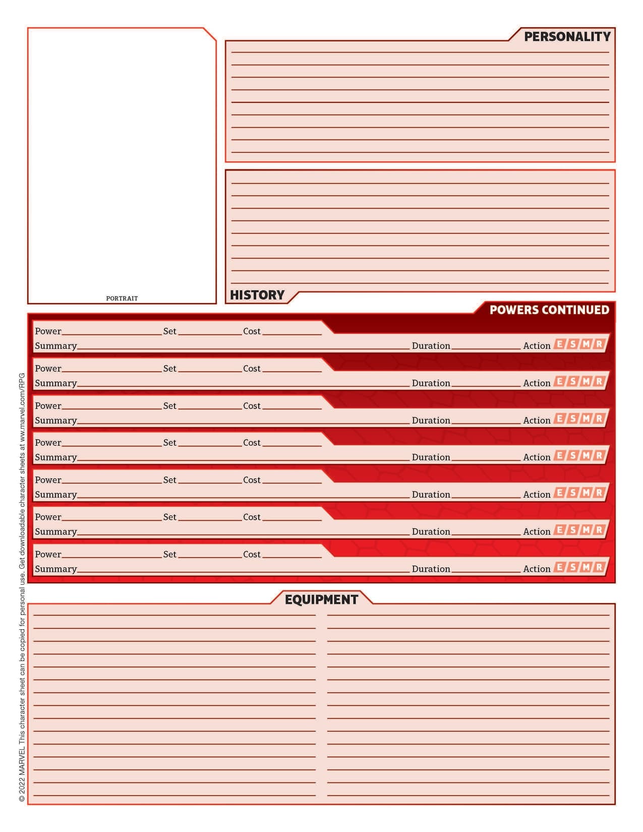 Marvel Multiverse Role-Playing Game Playtest Rulebook by Matt Forbeck Character Sheet (Blank)
