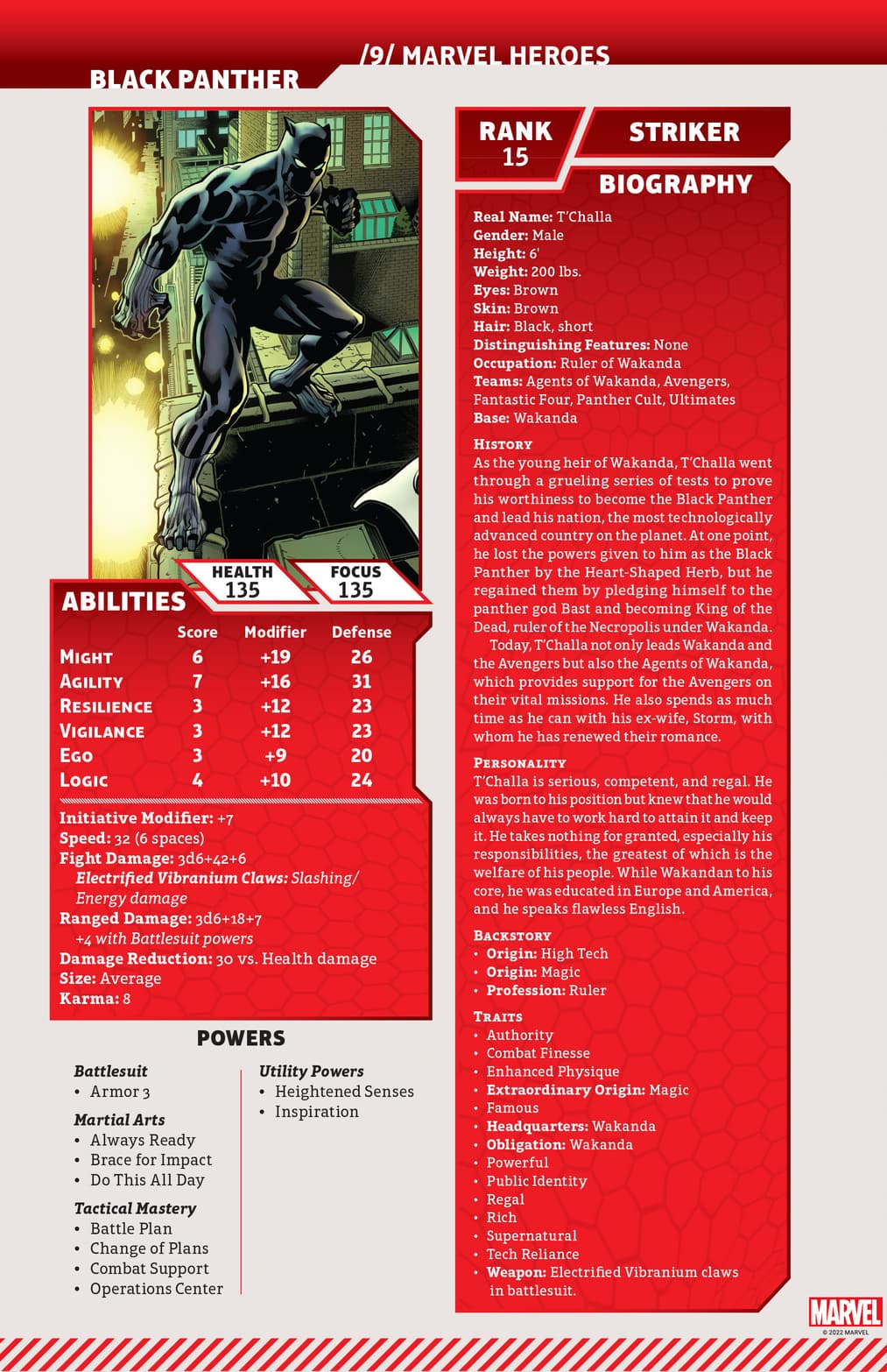Marvel Multiverse Role-Playing Game Playtest Rulebook by Matt Forbeck Black Panther Character Sheet