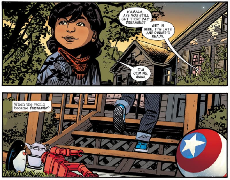 Young Kamala plays with her Avengers toys.