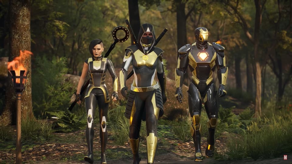 Nico Minoru, the Hunter, and Iron Man prepare for battle in 'Marvel's Midnight Suns'