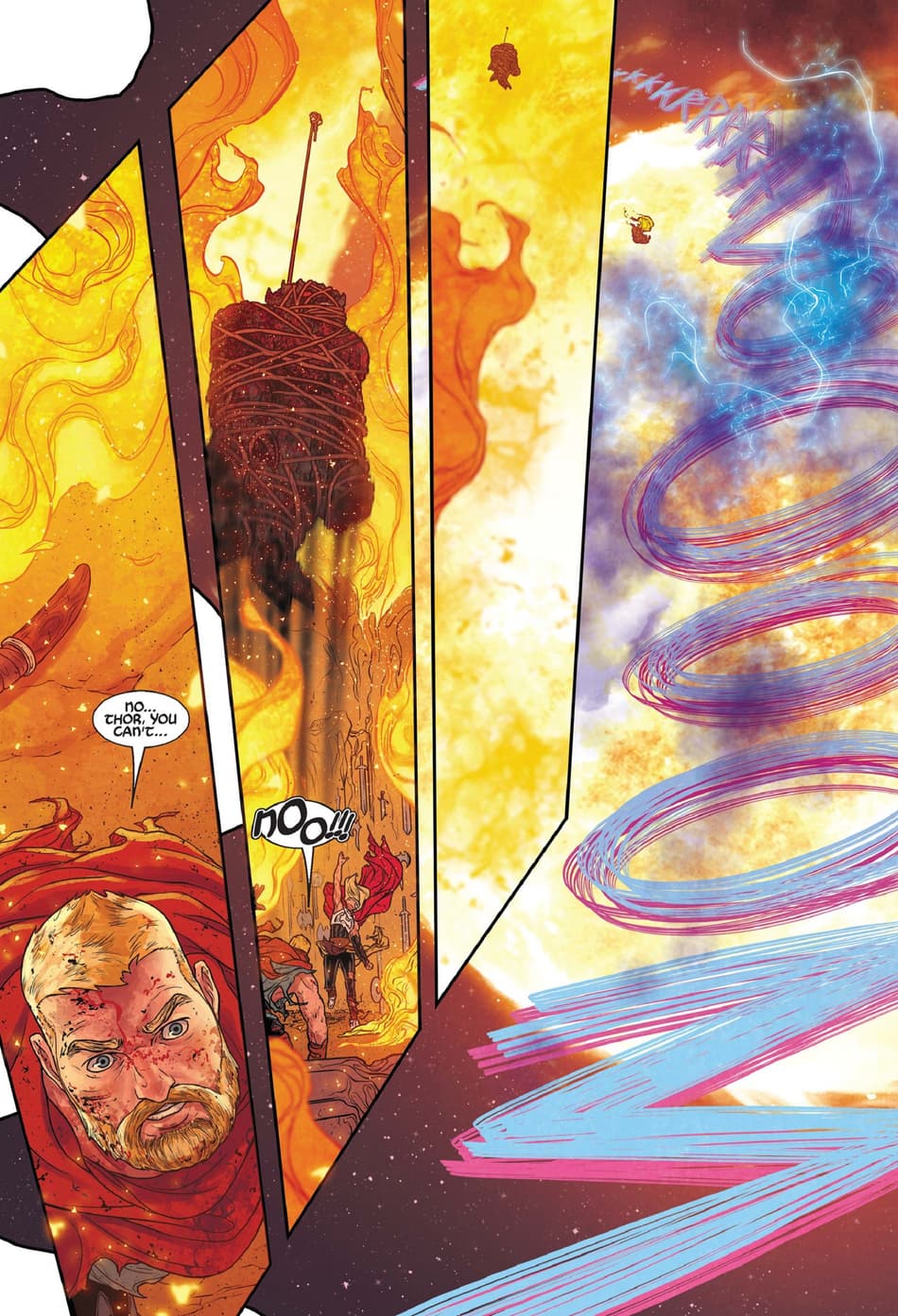 Thor throws Mjolnir and the Mangog into the sun.