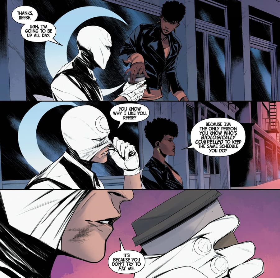 Reese makes sure Moon Knight gets his coffee.