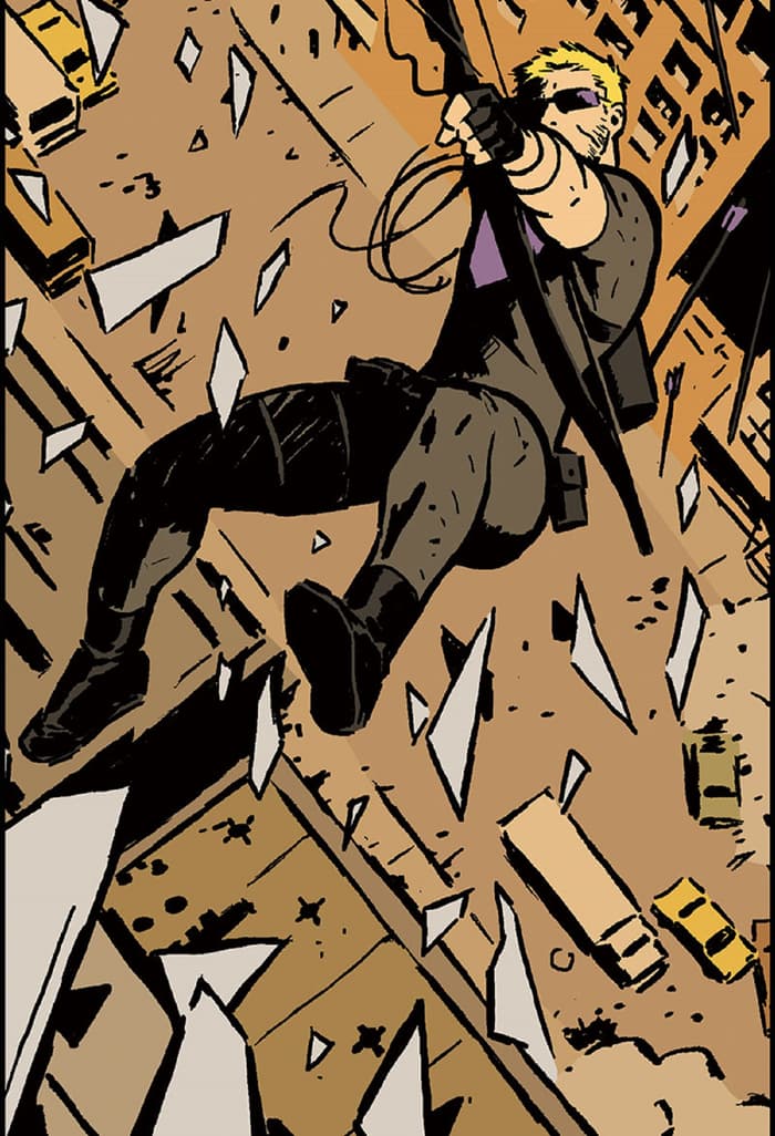 Hawkeye falls off a roof mid-arrow shot.