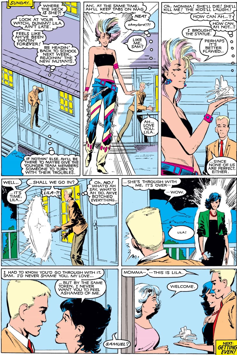 Lila transforms in time to meet Mrs. Guthrie in NEW MUTANTS (1983) #42.