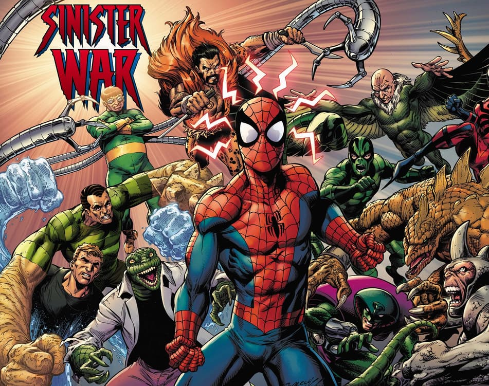 Spider-Man surrounded by a dozen Super Villains!