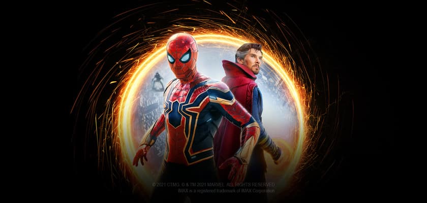 Spider-Man No Way Home poster with Spider-Man & Dr Strange standing in front of a yellow portal