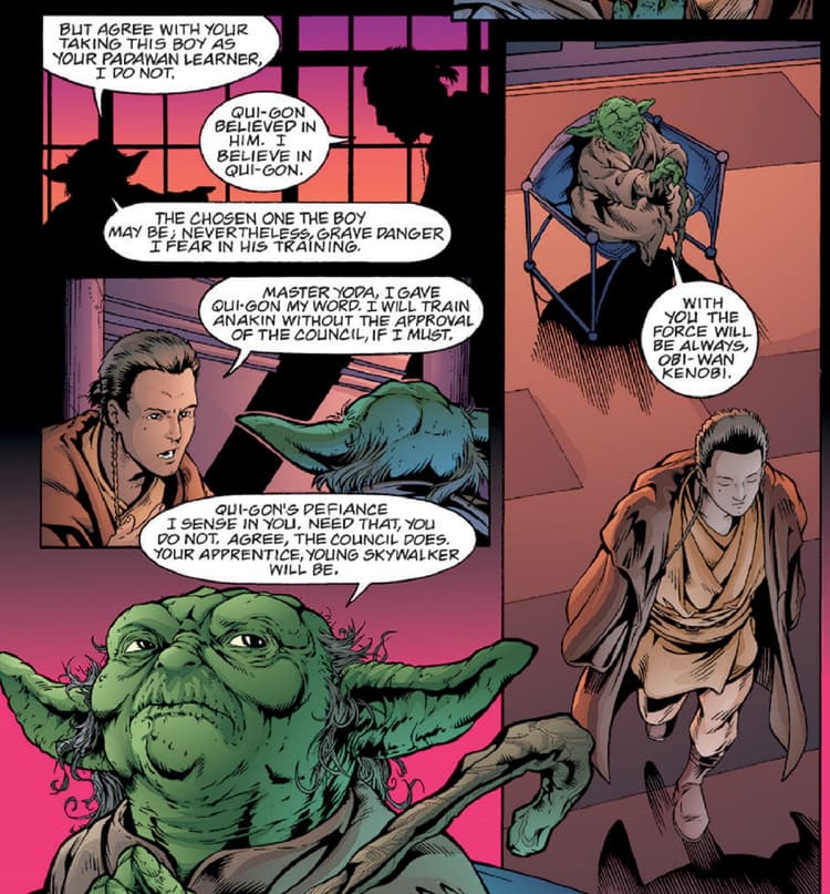 Obi-Wan tells Yoda he will uphold a vow to train Anakin.