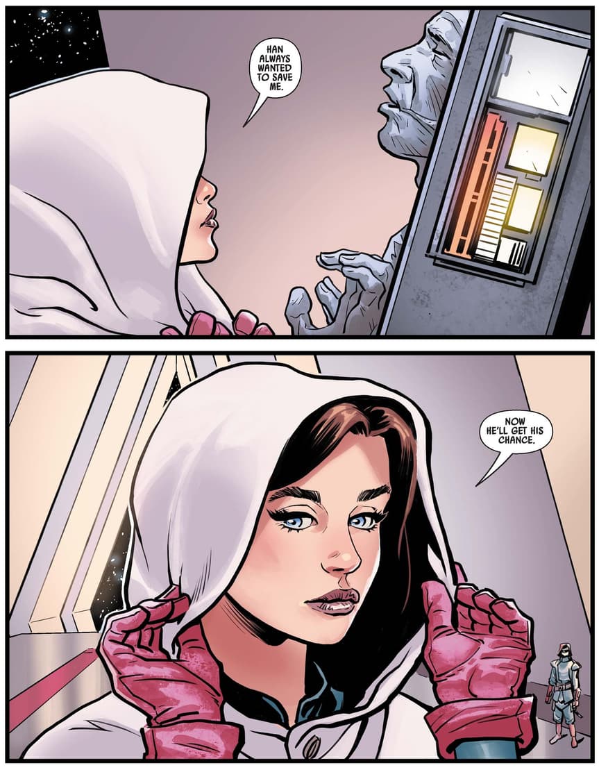 Lady Qi'ra determines the fate of Han Solo in STAR WARS: WAR OF THE BOUNTY HUNTERS (2021) #1. 