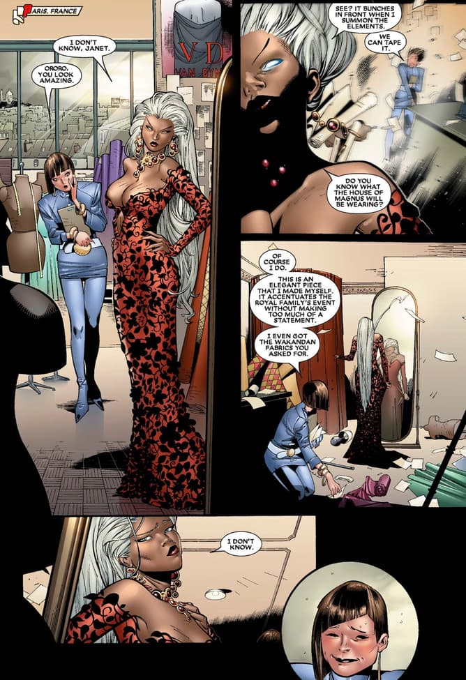 Storm tries on her look for the House of M benefit in HOUSE OF M (2005) #2.