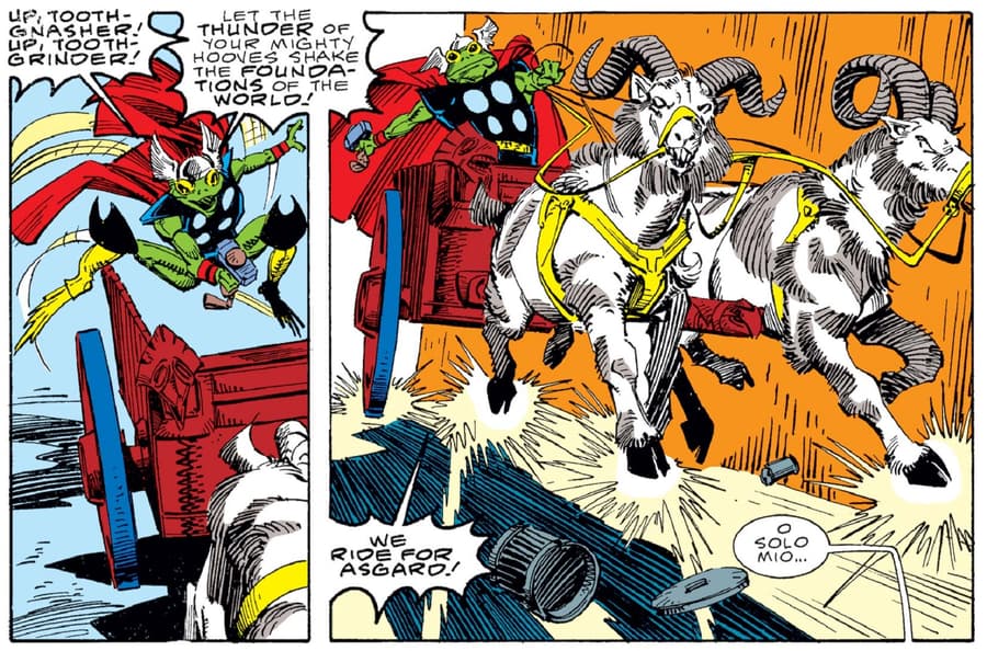 Frog Thor gets pulled by the goats in THOR (1966) #365.