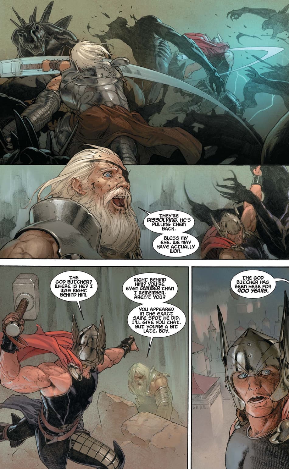 Thor confronts his future self about Gorr in THOR: GOD OF THUNDER (2012) #5.