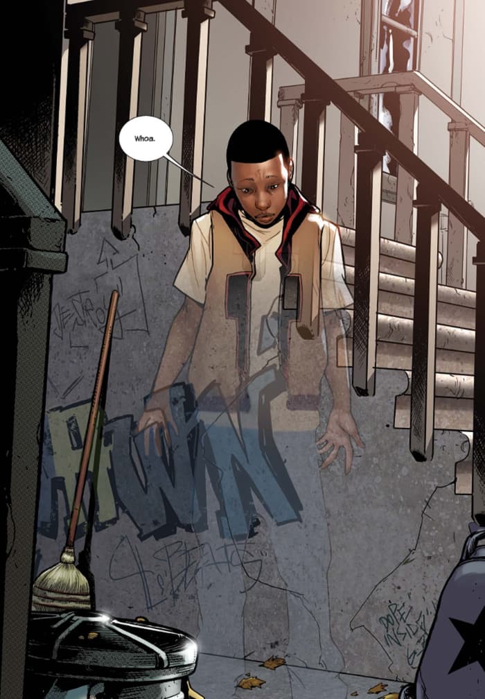 Miles Morales activates his spider-powers of invisibility.
