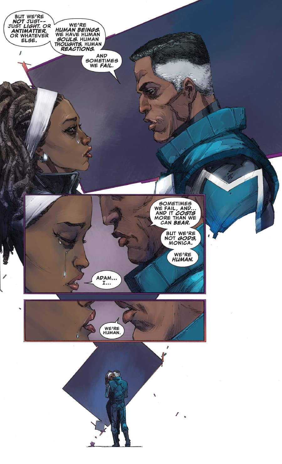 Monica and Blue Marvel embrace and kiss following a harrowing ordeal.