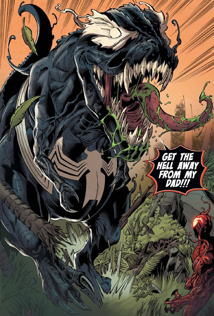 A T-Rex symbiote goes after Dylan Brock in VENOM (2018) #24.
