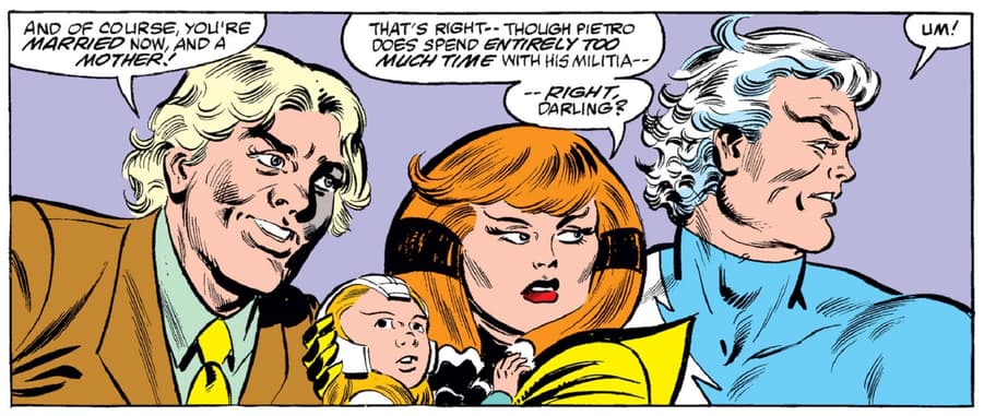 Norm chats to Crystal while Quicksilver is distracted.