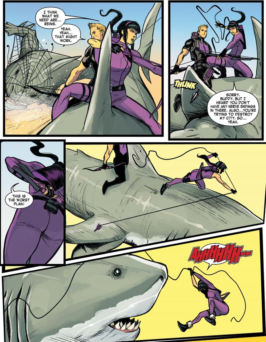 Kate and Clint versus Land Sharks in WEST COAST AVENGERS (2018) #1.