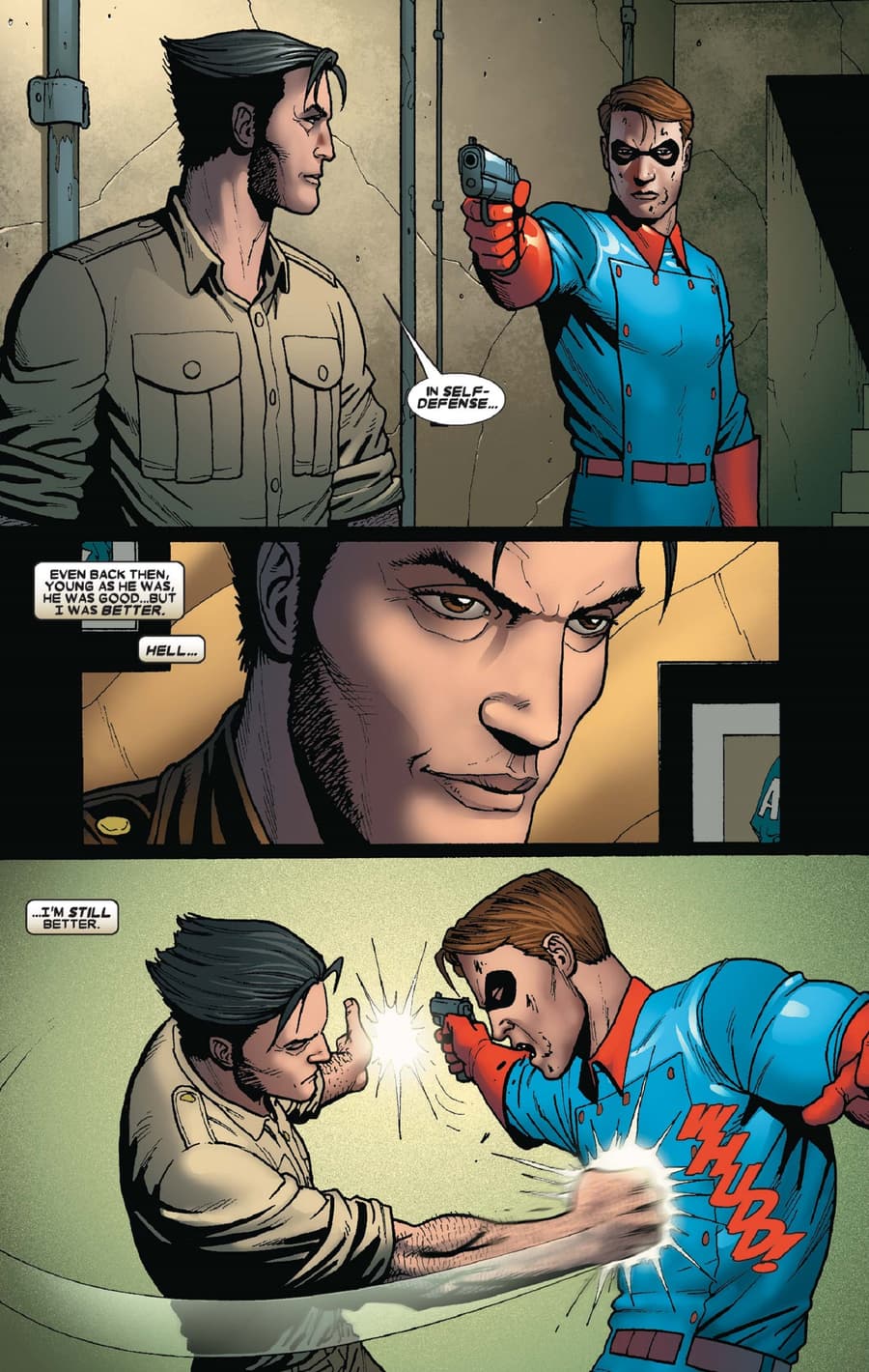 Logan and Bucky show off their different combat styles in WOLVERINE ORIGINS (2006) #19.