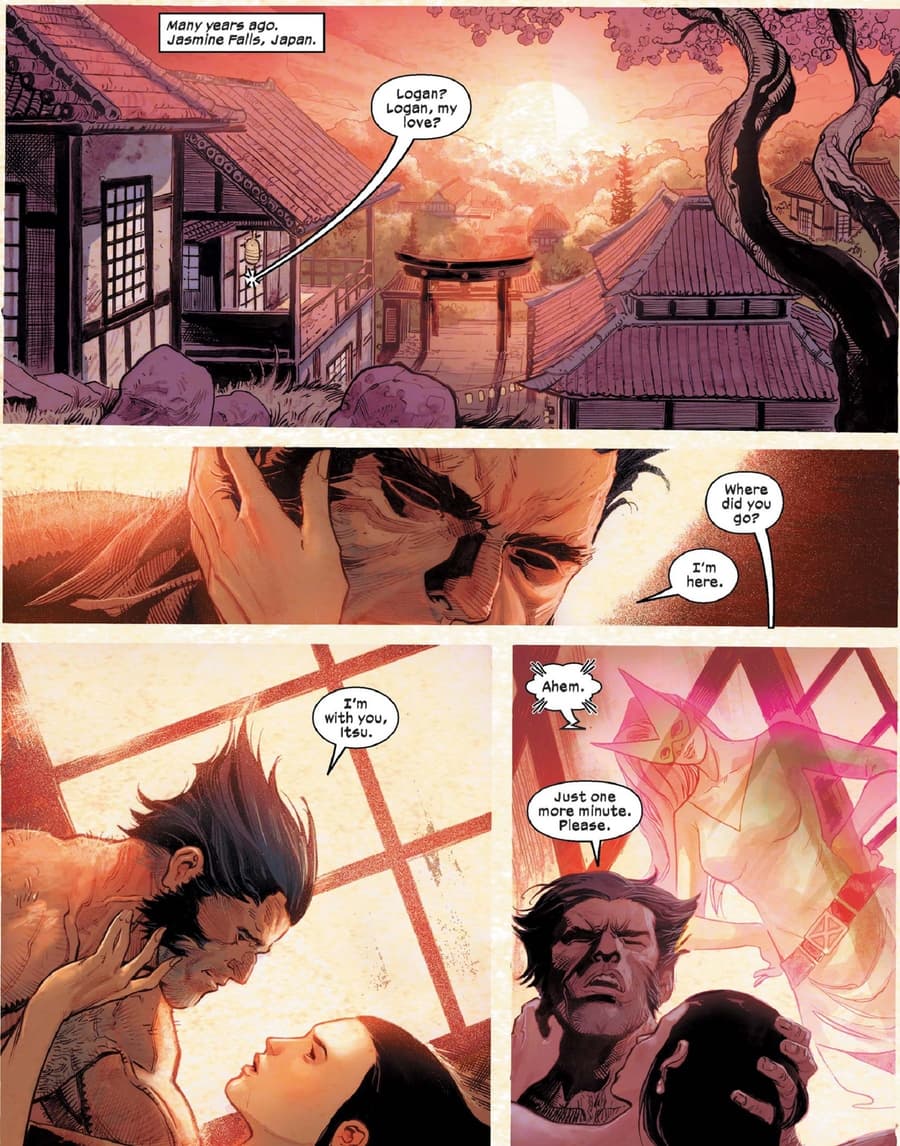 Wolverine and Itsu embrace but are interrupted by Jean Grey.