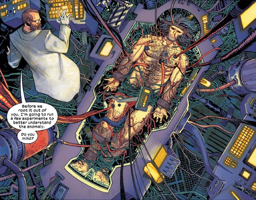 Wolverine is transformed into Weapon X in a lab.