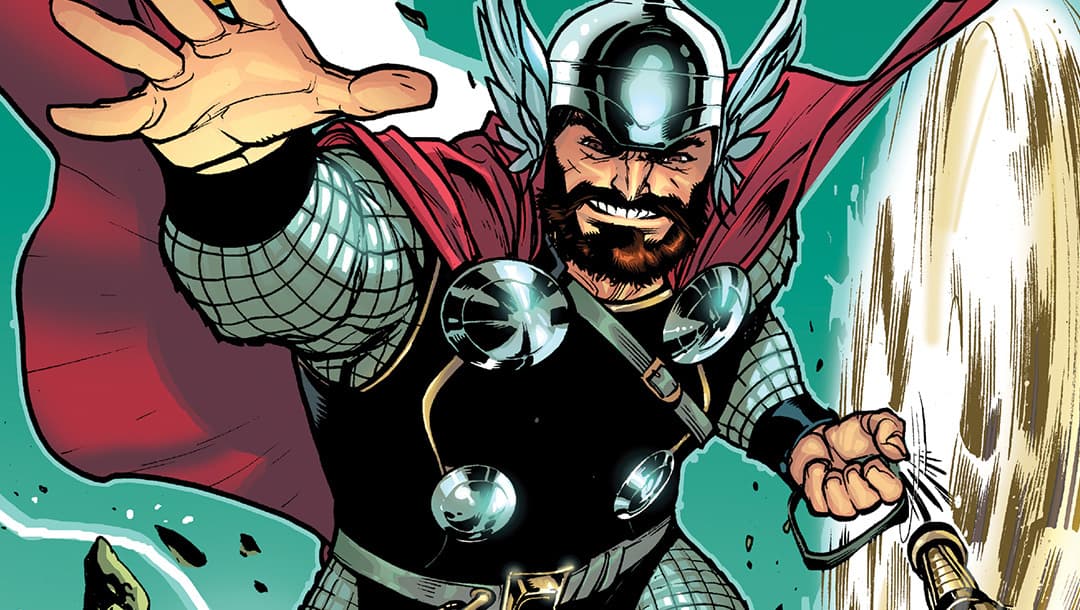 Hercules wielding Mjolnir, dressed in Thor&#39;s classic costume
