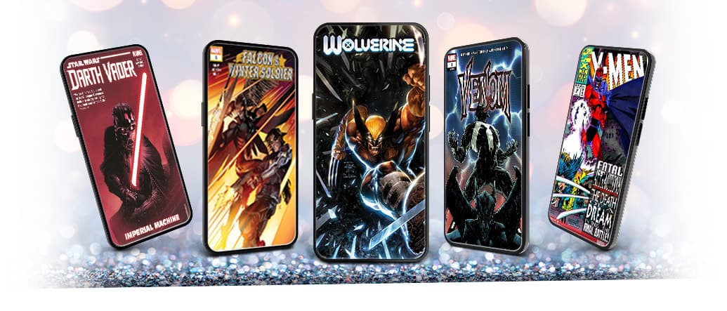 Exclusive digital comic variants! Image of phones with comic covers.